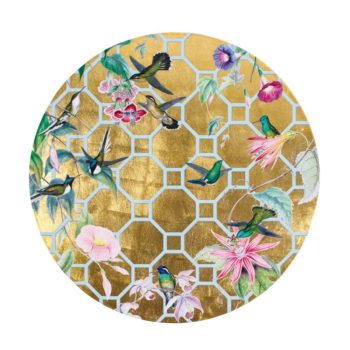 Caspari Hummingbird Trellis Round Lacquer Placemat in Gold 15"D