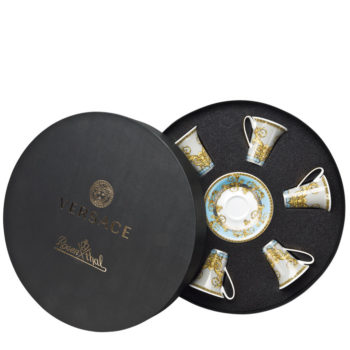 Versace Prestige Gala Bleu Set of six, Espresso Cups & Saucers, Round Hat Box