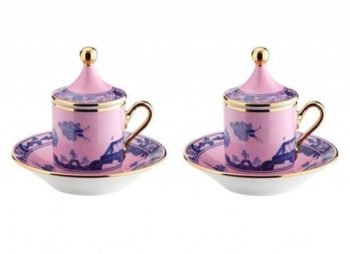Ginori 1735 Oriente Italiano Azalea Espresso Coffee Cup with Lid and Saucer S/2