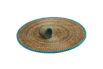 Calaisio Round Placemat and Napkin Ring, With Seagreen Wood Beads, Set of 4