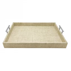 Mariposa Sand Faux Grass Cloth Tray with Metal Handles