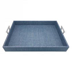 Mariposa Heather Blue Faux Grasscloth Tray with Metal Handles