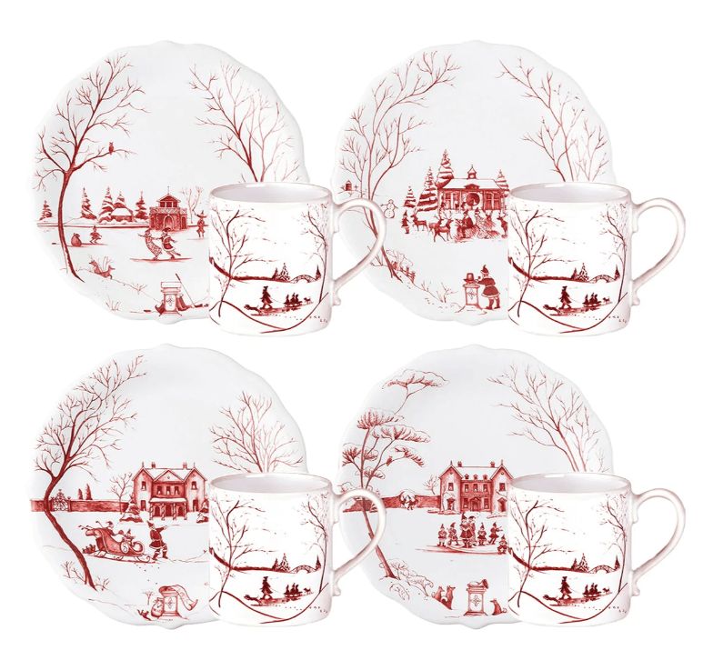 Juliska Country Estate Mugs & Party Plates, Set of 4 Winter Frolic