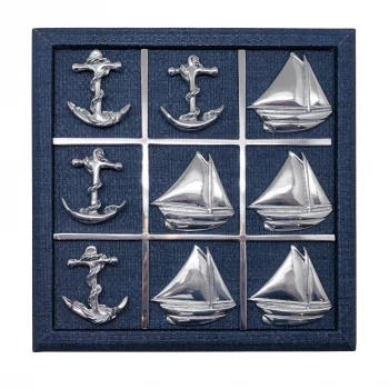 Mariposa Sailboat & Anchor Indigo Blue Faux Grass Cloth Tic Tac Toe Set