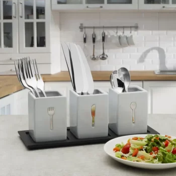 Towle Living 3pc Ceramic Caddy on Wood Tray - Image 2