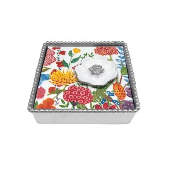Mariposa Cocktail Napkin Box with white flower 5.75" L 5.75" W 1.5" H
