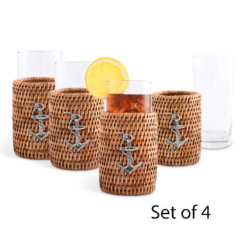 Vagabond House Anchor Drinking Glass Covered W/Hand Woven Wicker Rattan, Set/4