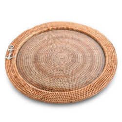 Vagabond House Anchor Round Serving Tray Hand Woven Wicker Rattan w/Glass Insert 18"D