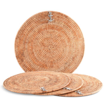 Vagabond House Anchor Placemat Hand Woven Wicker Rattan, Round, Set/4, 15.5"D
