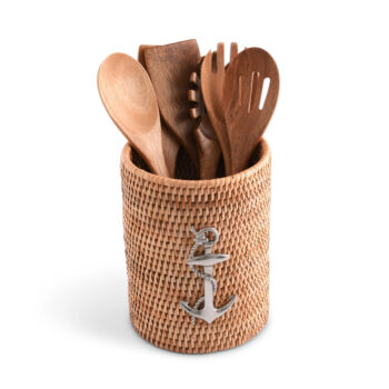 Vagabond House Anchor Hand Woven Wicker Rattan Utensils/Wine Bottle Holder 8"H x 5.5"D