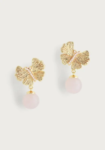 Anabel Aram Butterfly With Rose Quartz Drop Earring